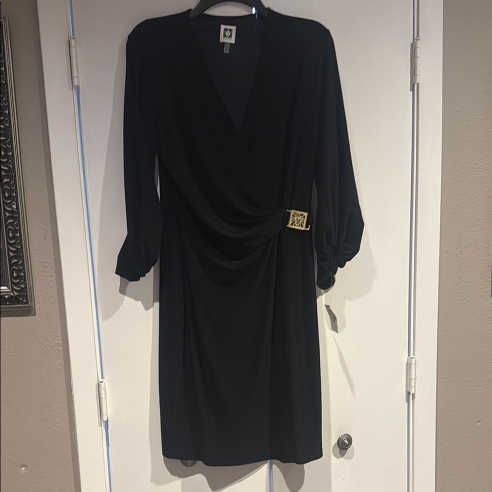 Anne Klein Black Dress with Gold Buckle - perfect for Holiday Parties!